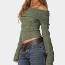 Womens Off The Shoulder Hollow Out Sweaters Sexy Slim Fitted Cropped Long Sleeve Knit Tops (Petite) (XL)