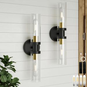 Rechargeable Battery Wall Sconce Set of Two, 10000mAh Wireless, Dimmable, Timer, Remote, Touch Control, 3000K, USB-C Charging for Living Room, Bedroom Black Gold (Include 4 Special Bulbs)