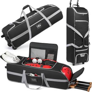 Large Catcher Gear Bag With Wheels, Soft Rolling Baseball Bag for 4 Bats, Portable Baseball Catcher Bag With Wheels, Multi-Pockets, Fence Hook, Holds All Softball Baseball Equipment (99*30*30cm)