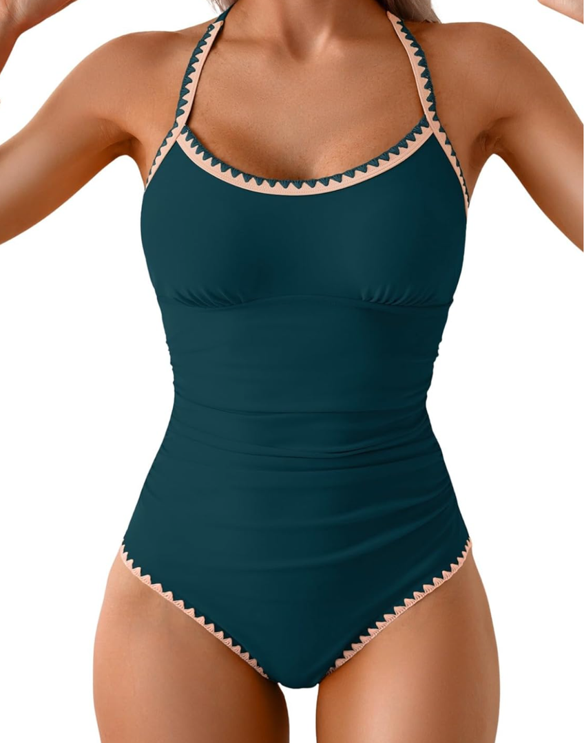 Eomenie Women's One Piece Swimsuit Tummy Control Slimming Bathing Suit Ruched Swimwear Tie Back Shell Stitch Swim Suit M