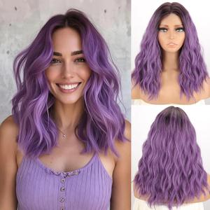 MISSQUEEN Short Ombre Purple Wavy Wig for Women Lace Hairline Short Bob Style Synthetic Heat-resistant Natural Realistic Wig for Everyday Hairstyle Cosplay Party Halloween Use-18inch