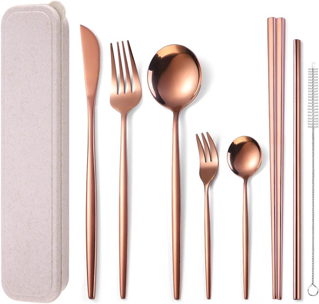 AARAINBOW 8 Pieces Stainless Steel Flatware Set Portable Reusable Cutlery Set Travel Utensils Set Including Chopsticks Knife Fork Spoon Straws Cleaning Brush Dishwasher Safe (Rose Golden)