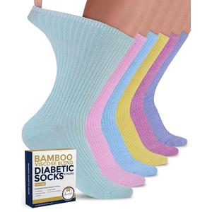 Pembrook Ribbed Knit Bamboo Viscose Diabetic Socks for Women - 5 Pairs | Crew Diabetic Socks for Women Size 9-11 | Neuropathy & Edema | Pink, Light Pink, Purple, Blue, Green, Yellow