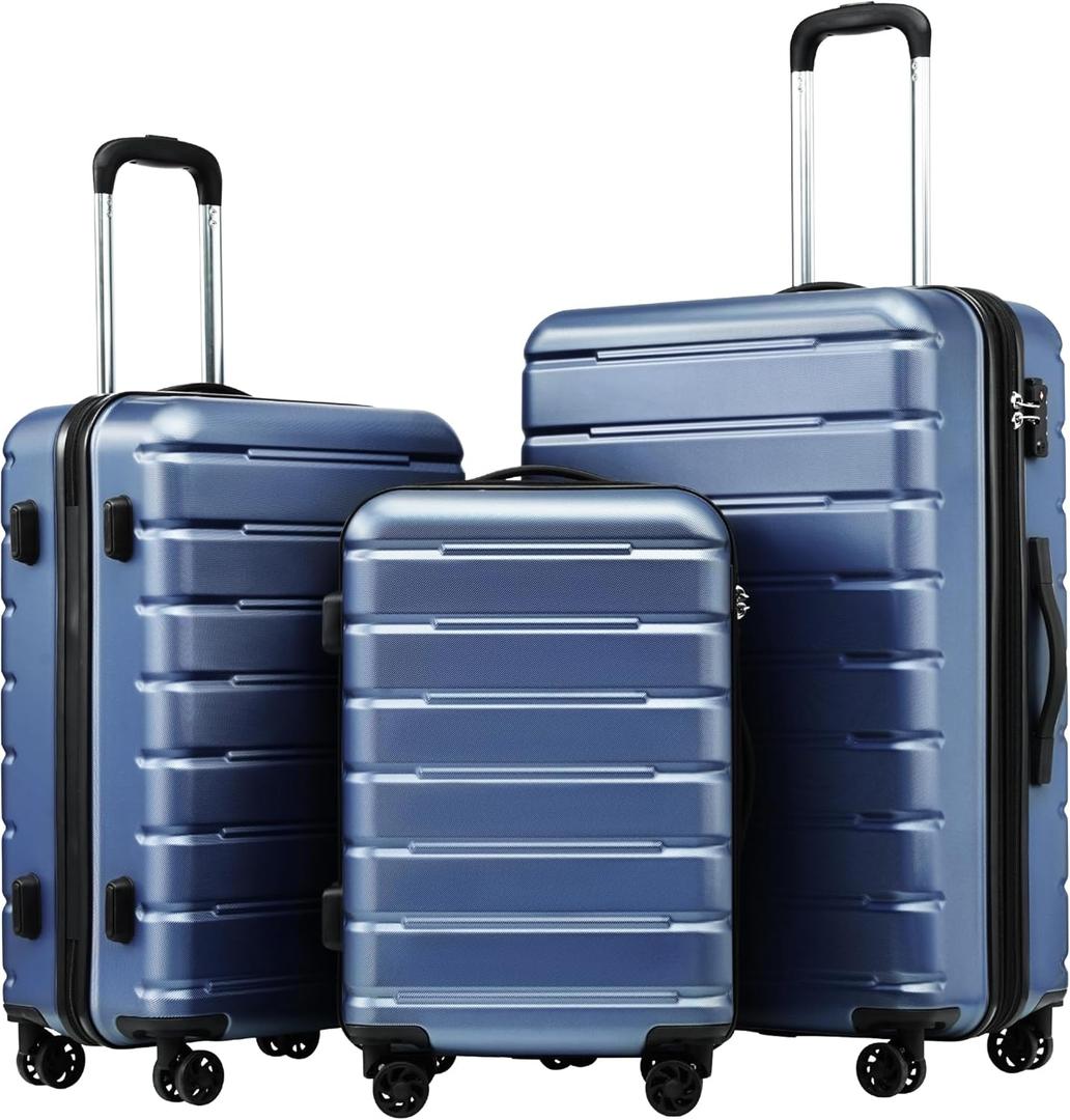 Coolife Luggage Suitcase Carry-on Spinner TSA Lock USB Port Expandable (only 28) Lightweight Hardside Luggage (Ice Blue, 3 piece set)
