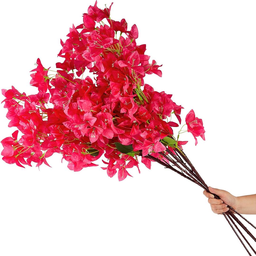 6 PCS Silk Bougainvillea Artificial FlowersUV Resistant, 36 Branches, Long Stems Faux Flower, Realistic Fake Bougainvillea Vines, for Wedding Porch Home Party Garden DIY Decor - 38 inch (Rose Red)
