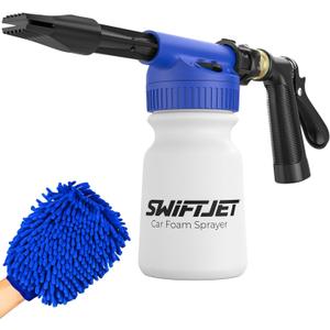 SwiftJet Car Wash Foam Gun + Microfiber Wash Mitt - Foam Cannon Works with Any Soap - Garden Hose Car Foam Sprayer - Car Wash Kit - Car Accessories Foam Blaster (Blue Foam Gun with Mitt)