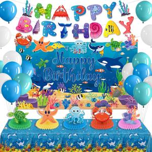 Under the Sea Birthday Party Decorations Ocean Animal Birthday Banner Backdrop Balloons Sea Animals Centerpiece Shark Sea Creatures Tablecloth for Kids Underwater Tropical Bday Baby Shower