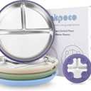 Bakpoco Stainless Steel Suction Plates for Toddlers, 9" Divided Kids Baby Plates with Removable Silicone Suction, Non Toxic Non Slip Portion Control Snack Dishes 4 Packs, Blue Green Purple Beige, 9" Round