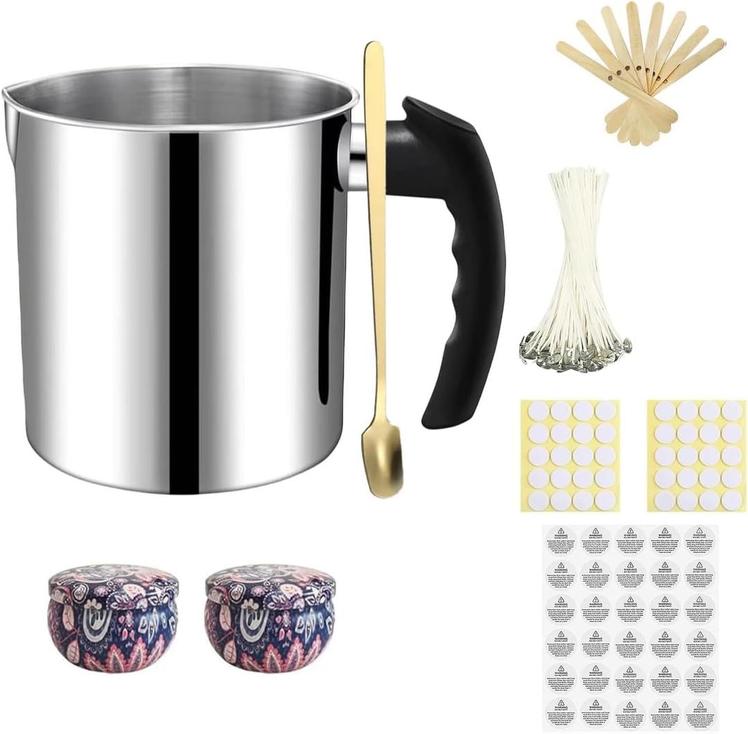 Candle Making Pouring Pot, 1300ml Wax Pouring Pot Candle Making Pitcher with Heat-Resistant Handle and Dripless Pouring Spout Design with Candle Jars, Wicks, Stickers and Wicks Centering Device