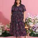 CARCOS Plus Size Dresses for Curvy Women V Neck Summer Maxi Dress Short Sleeve Floral Boho Dress Smocked Waist Beach Dress (Blue, 5XL)
