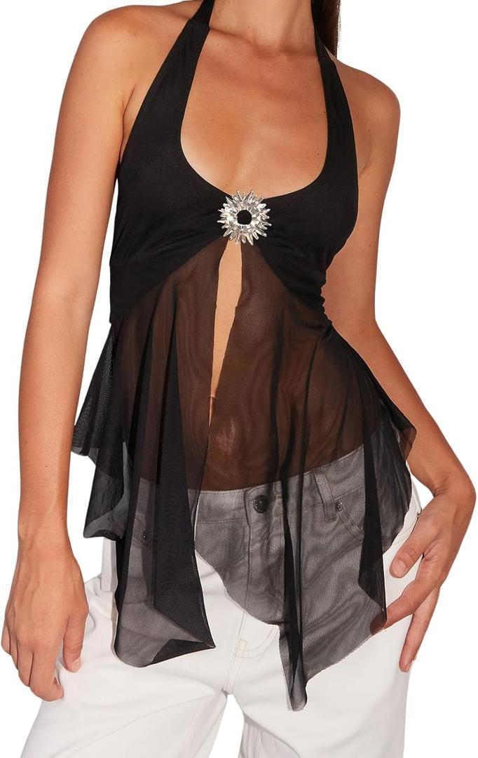 Women Halter Top Y2k Flowy Sheer Mesh Split Hem Backless Going Out Tank Top Festival Clubwear (Small, Black)