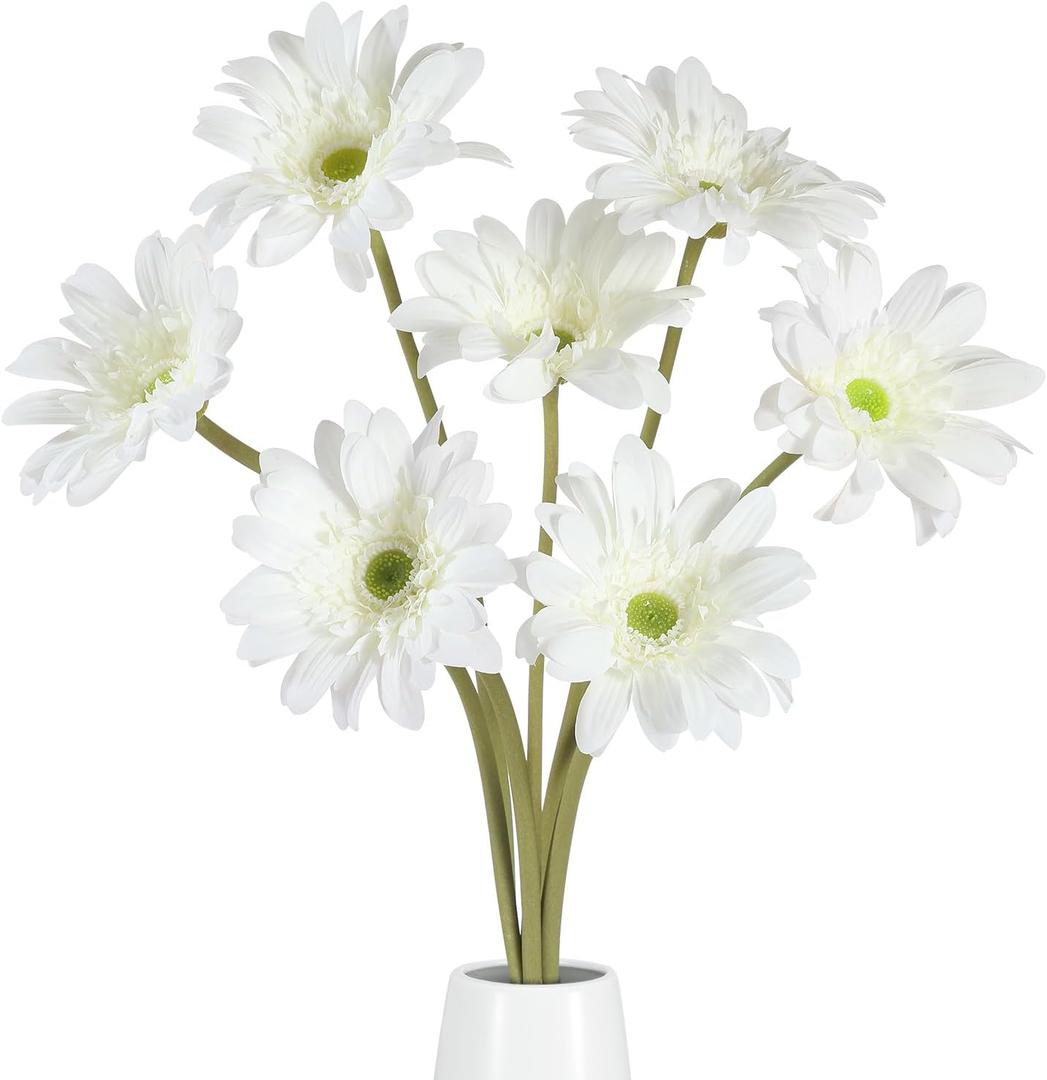 White Faux Flowers for Vase - Gerbera Daisies 7 Stems, Fake Flowers Stems, Realistic Artificial Flowers, Pom Pom Wildflowers for Aesthetic Room Decor, Table Floral Arrangements Centerpiece