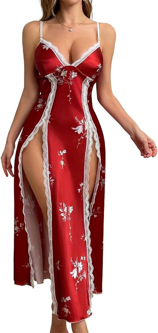 Lingerie Dress for Women V Neck Long Sexy Nightgowns for Women Side Split Sexy Night Gowns XL