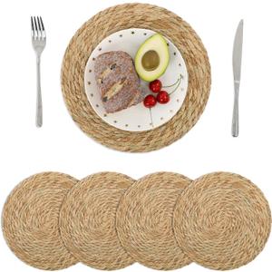 SHACOS 4 pcs 12 inch Round Woven Placemats, Natural Rattan Braided Place Mats for Dining Table, Wicker Chargers Boho Rustic Farmhouse Heat Resistant Table Mats