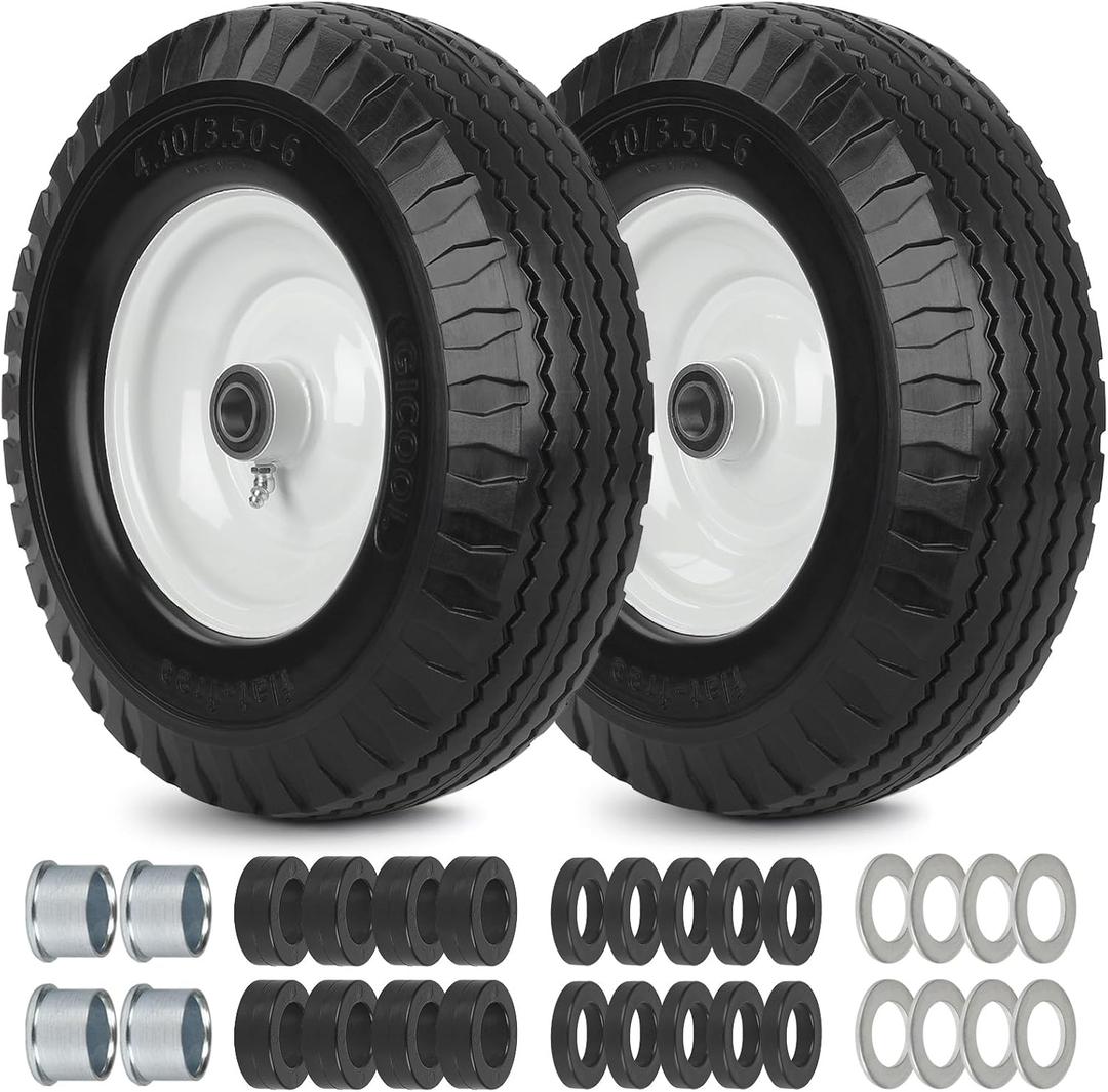 GICOOL 4.10/ 3.50-6 Flat Free Tire and Wheel, with 3"-3.5''-4.0''-4.5'' Centered Hub, and 3/ 4" & 5/ 8" Bearings, Replacement for Lawn Mower, Hand Truck/ All Purpose Utility Tire on Wheel (Pack of 2)