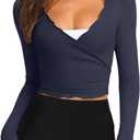 LASLULU Womens Tie Front Wrap Tops Long Sleeve Bolero Shrugs Crop Cardigan Yoga Ballet Cover up Tops Pilates Outfits (Blue, S)