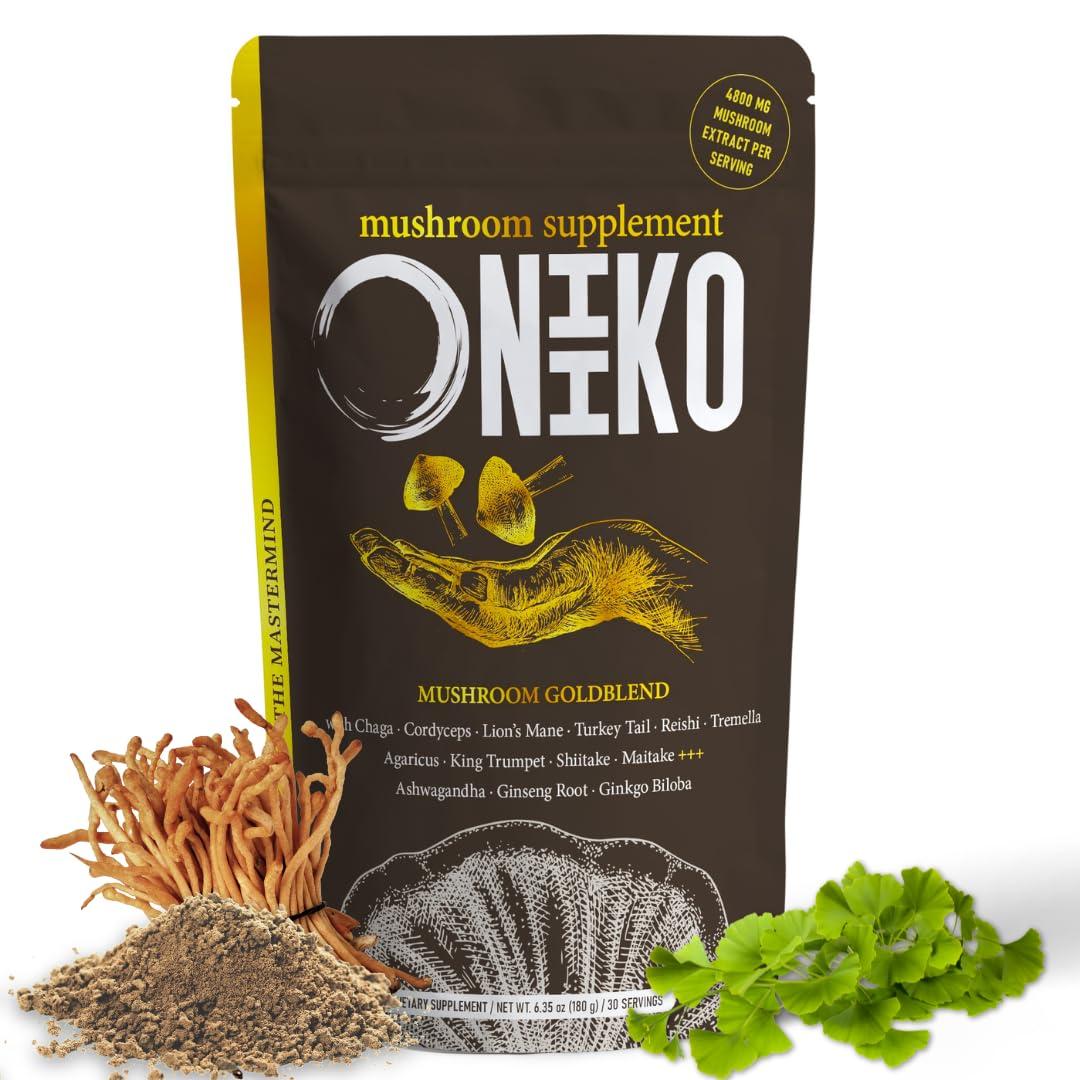 Oniiko 10 Mushroom Powder with Ginkgo, Ginseng and Ashwagandha for Performance, Memory & Immunity, 4800 mg Mushroom per Serving, 30 Servings, Best Before 25/06/2026 