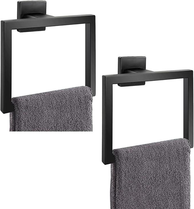 2-Pieces Matte Black Towel Ring,Modern Square Hand Towel Holder, Bathroom Hardware Accessories, Stainless Steel Towel Hanger Wall Mount