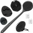 Manmihealth Silicone Back Scrubber & Soft Bath Glove, Silicone Scalp Massager Set 5 PCS, Super-Exfoliating Body Scrubber Shower Brush & Shampoo Brush Combination, with 2 Free Hooks (Style 1 Black)