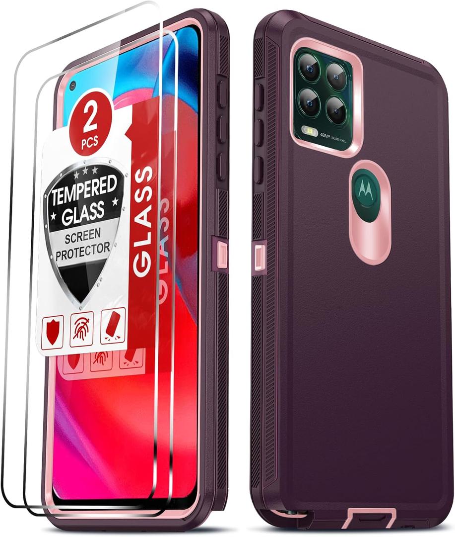 LeYi Compatible for Moto G Stylus 5G: 2 Pack Tempered Glass Screen Protectors, 3 in 1 Full Body Rubber Dustproof Rugged Defender Protection Case, Wine Red/Pink