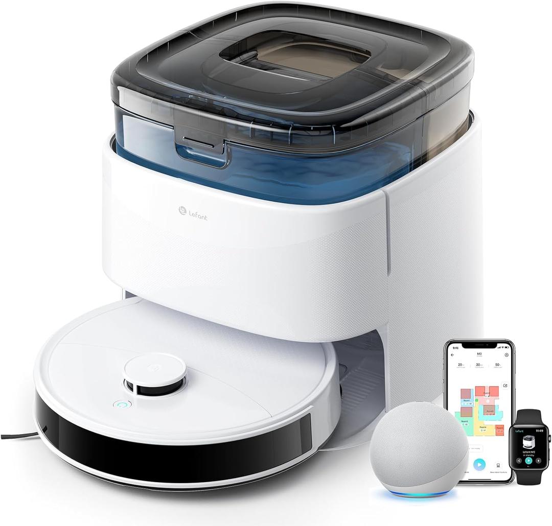 Lefant M3 Robot Vacuum, Robot Vacuum and Mop, 12000Pa Suction, Anti-Tangle Brushes, Dual Spinning Mop, Auto Mop Washing, Drying, Self-Emptying, Self-Refilling, for Pet Hair Dust, App Voice Control (Medium, White)
