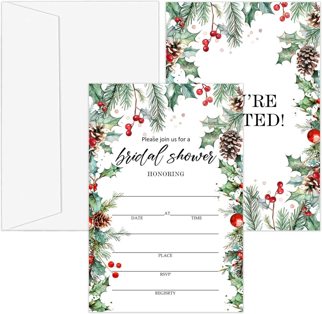 Bridal Shower Invitations, 25 Christmas Invites with Envelopes for Bridal Shower Reception Engagement Party, Winter Xmas Holiday Wedding Party Cards - C01