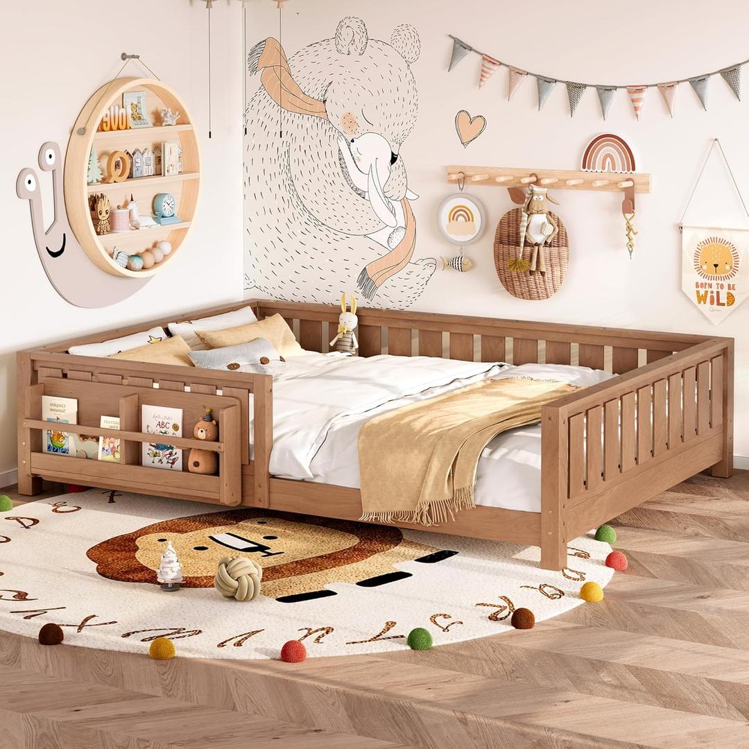Bellemave Queen Size Floor Bed with Slats and Safety Guardrail, Queen Size Montessori Floor Bed with Fence and Built-in Bookshelf, Easy Assemble Montessori Beds for Girls, Boys, Natural