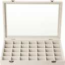 Frebeauty Velvet Jewelry Tray,35 Grid Jewelry Organizer with Clear Lid,Earring Holder Organizer Case with Clasp,Drawer Insert for Rings Studs,13.8 x 9.5 x 2 Inches,Gift for Women Girls(Beige)