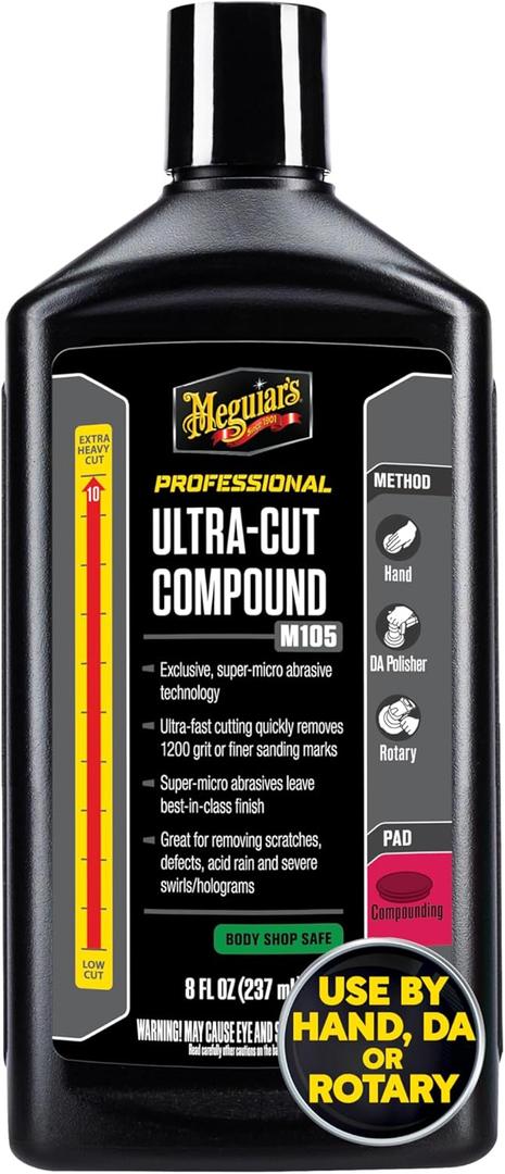 Meguiar's Mirror Glaze M105 Ultra-Cut Compound, Car Rubbing Compound for Removing Scratches and Heavy Swirls While Adding Shine, Safe and Effective on All Glossy Car Paint and Clear Coats, 8 oz