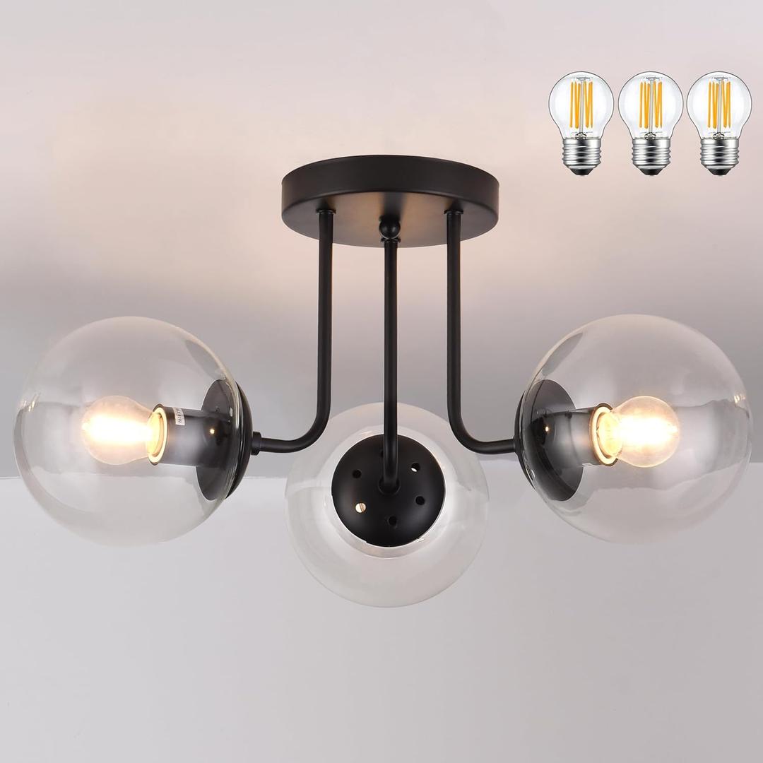 KoKo&Yukina 3-Light Semi Flush Mount Ceiling Light Globe Lights Mid Century Ceiling Light with Clear Glass Globe & Matte Black for Bedroom Hallway Entryway Kitchen Living Room (Bulb Incl.) (6 inch)