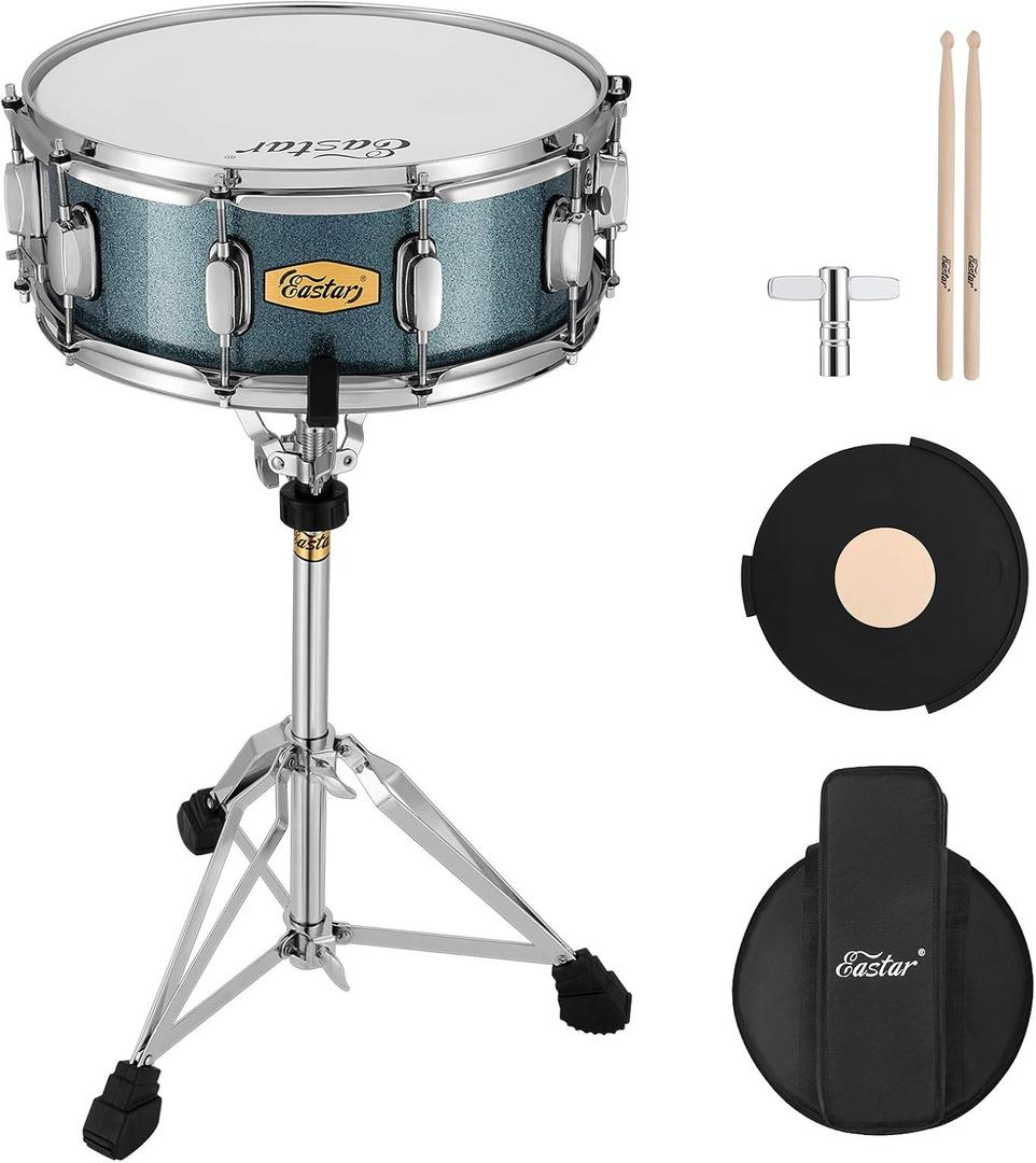 Eastar Snare Drum Set with Drum Sticks,for Beginners with Drum Stand, Mute Pad, Snare Drum Bag, Drum Key, 14"X 5.5", Starry Blue