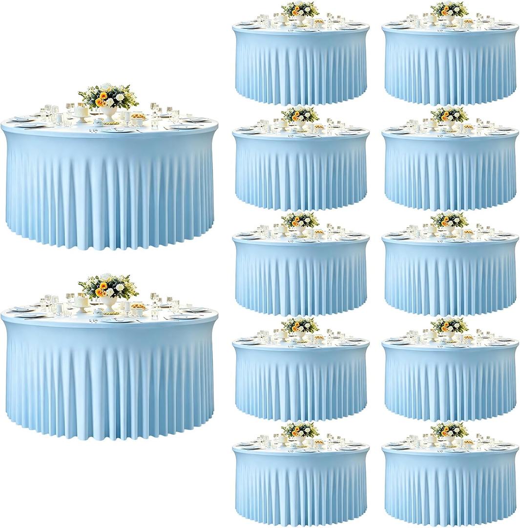 12 Pack Bulk Baby Blue Round Tablecloths for 5ft Tables, 120 inch Fitted Spandex Table Cloth with Skirt, Wrinkle Free Wholesale Table Covers for Large Events, Weddings Reception, Banquets, 60inch