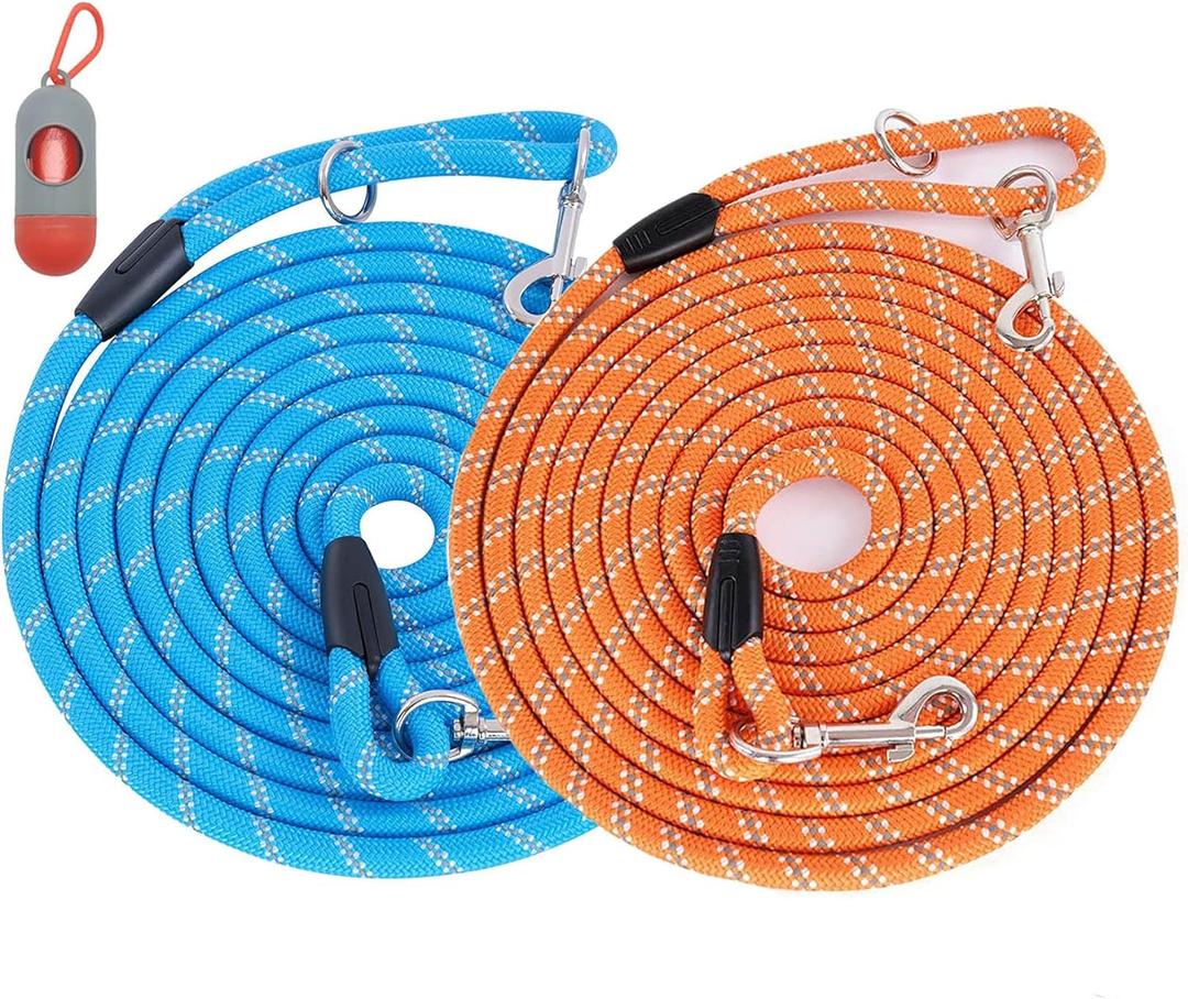 (2 Pack) Long Dog Leash for Dog Training 15FT/30FT/50FT, Dog Rope with Reflective Thread for Large Medium Small Dogs, Dog Tie-Out Cable Lead for Hunting, Camping&Backyard (2Pack Orange&Blue)