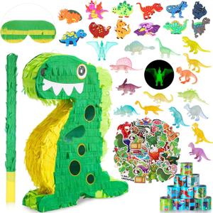 Hanaive 141 Pcs Dinosaur Piata for Birthday Party, Dino Piata Set with Blindfold and Baton, 16 x 12 x 3 Inch, Kids Dinosaur Themed Party Favors for Boys and Girls(Lovely Style)