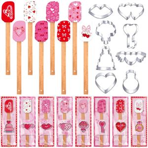 Remerry 24 Pcs Valentine's Day Silicone Spatulas and Cookie Cutters Set Include 8 Spatulas 8 Stainless Steel Cookie Cutters 8 Cards Valentine's Baking Gift for Anniversary Celebration Decoration