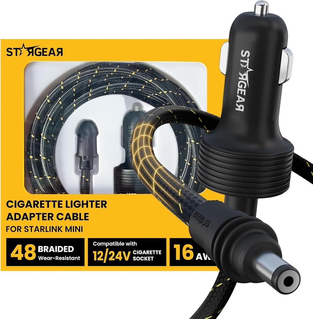 Starlink Mini Cable 12V Power Cable 5M 16.4FT, Braided Wear Resistant Starlink Mini Accessories Cigarette Lighter to DC Cord, 12V to 48V Car Charger Car Adapter(5M)