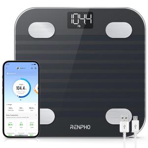 RENPHO Rechargeable Smart Scale for Body Weight, Electronic 13 Body Composition Monitors sync with App, Bluetooth Digital Bathroom Scales, Elis 1, Black, 396 lbs (10.2"/260mm)