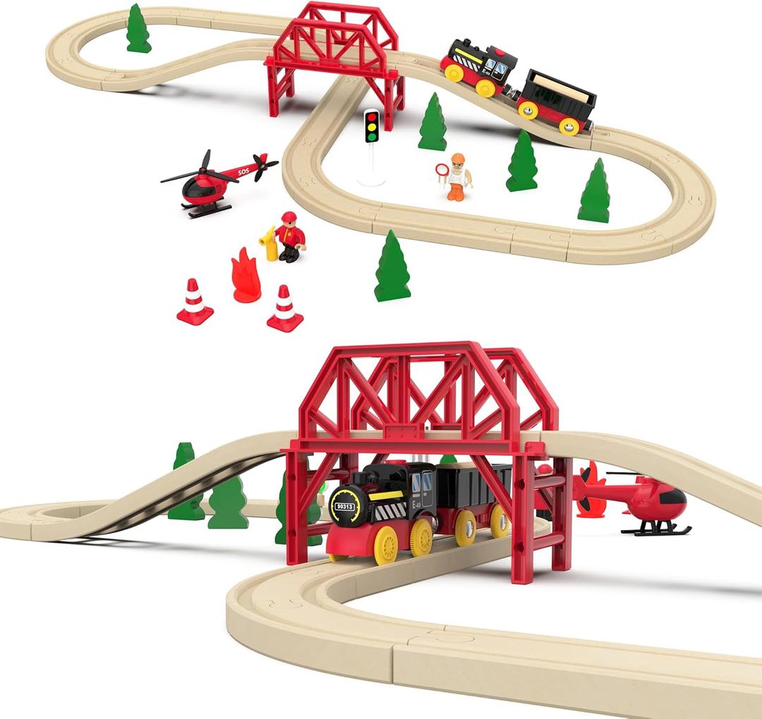 41-Piece Joy Forest Wooden Track Set with Electric Train for Toddlers & Preschoolers Aged 3 and up  Motorized Railway Engine, Bridge & Helicopter | Compatible with Brio & Thomas