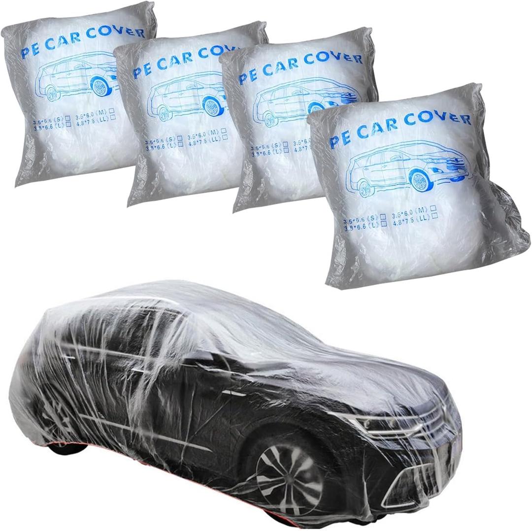 4 PCS Disposable Transparent Car Cover, 11.5ft x 19.7ft Plastic Rainproof & Waterproof Car Cover with Elastic Band, Dustproof Plastic Auto Covers Universal for Most Cars