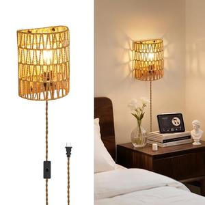 LOZNDA Plug in Wall Sconces, Rattan Sconce Wicker Wall Lamp, Boho Wall Lamp with Plug in Cord, Rustic Boho Light Fixture for Living Room Bedroom Hallway Passway
