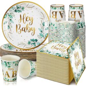 Skylety 200 PCS Sage Green Baby Shower Decorations Eucalyptus Disposable Plates and Cups and Napkins Sets Serves 50 Green Gold Plant Theme Plates for Baby Shower Gender Reveal Neutral Party Supplies
