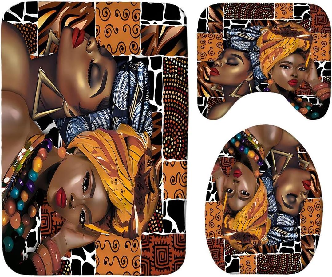 Black Woman Boho Bathroom Rugs and Mats Sets 3 Piece, Memory Foam Bath Mat, U-Shaped Contour Shower Mat Non Slip Absorbent, Velvet Toilet Lid Cover Washable (17.7"W x 29.5"L (Pack of 3))