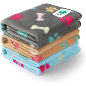 Luciphia 1 Pack 3 Blankets Fluffy Premium Fleece Pet Blanket Flannel Paw Printed Throw for Dog Cat(Medium 30x20'', Grey/Brown/Blue) (Bone)