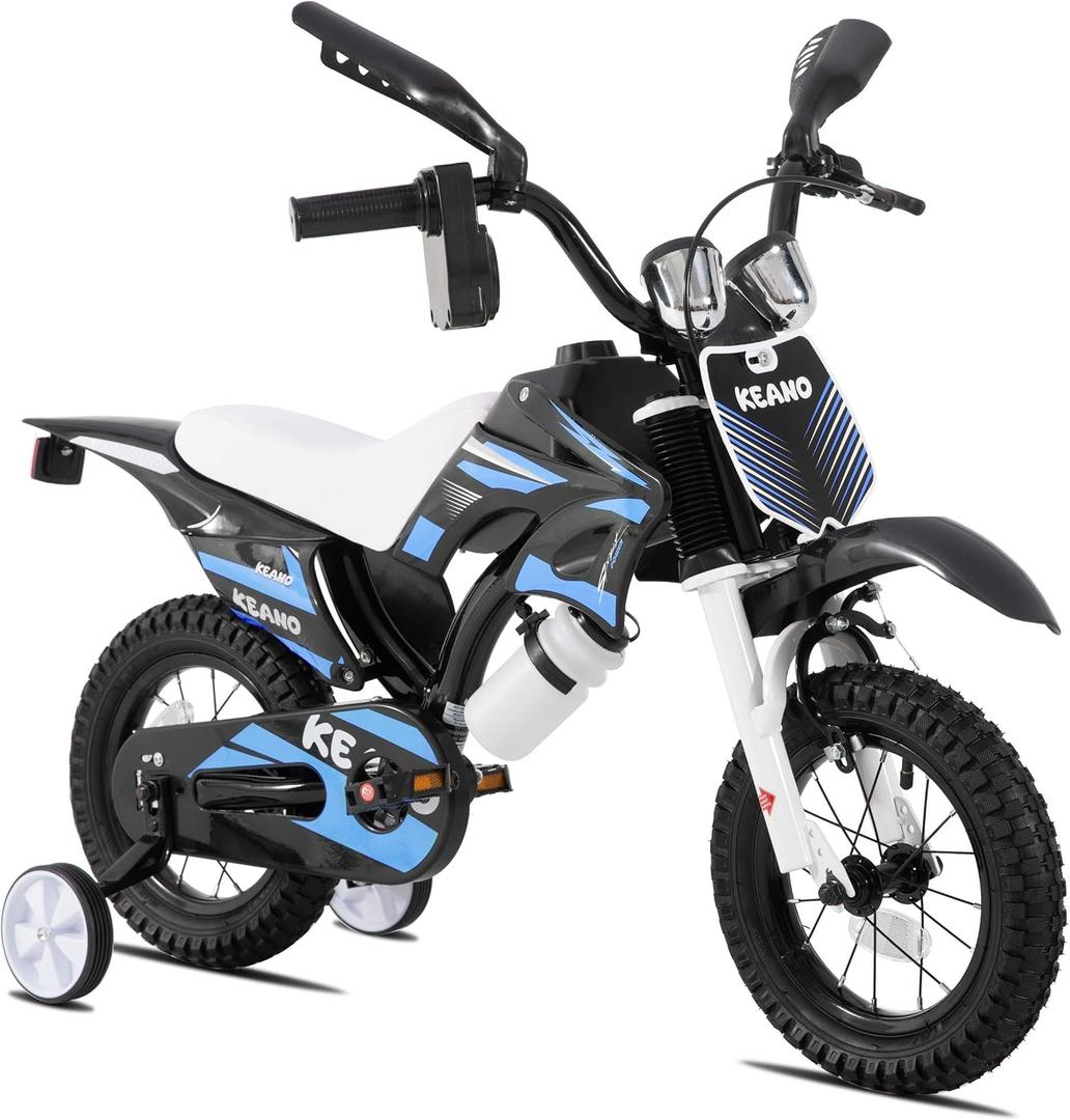 KEANO Motocross Style Kids Bike for Boys Girls Ages 2-4 Years, 12 Inch Bikes with Training Wheels and Number Plate, Toddler Bike Children Bicycles Blue