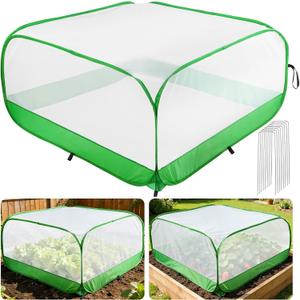 Pop Up Garden Netting for Square Raised Beds - 4'L x 4'W x 2'H Ultra Fine Mesh Net Plant Cover with 8 Stakes, Protection for Vegetables Fruit from Birds Pests