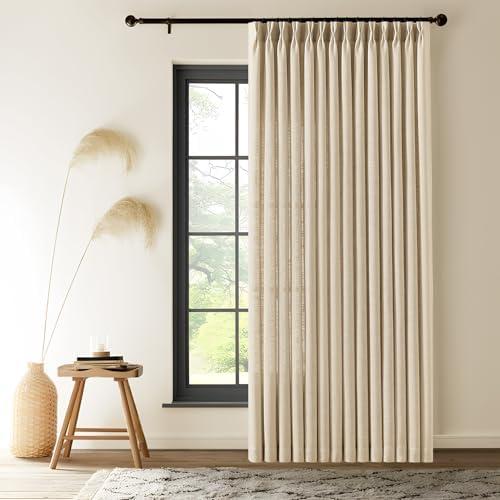 Extra Wide Pinch Pleated Linen Curtains for Living Room Sliding Glass Door, Sand Beige Light Filtering Curtain 84 Inches Long Textured Thick Pleat Semi-Sheer Drapes with Hooks 70 Inch Width, 1 Panel