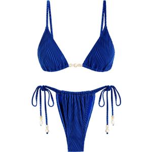 seamoly Women's Bikini Sets Ribbed Beaded Adjustable Spaghetti Strap Swimsuit Tie Side Thong Sexy 2 Piece Bathing Suit (Blue, L)
