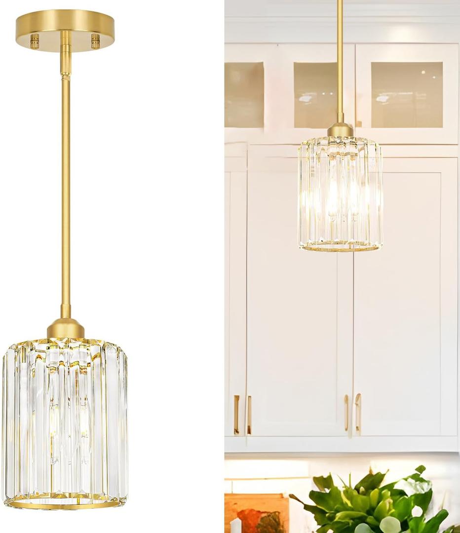 Gold Kitchen Pendant Lights Over Island with Adjustable Rods - Crystal Pendant Lighting Fixtures for Sloped Ceiling, Ideal Over Dining Table or Bar, E26 Bulb Compatible, No Electrician Needed (5.8in pendant)