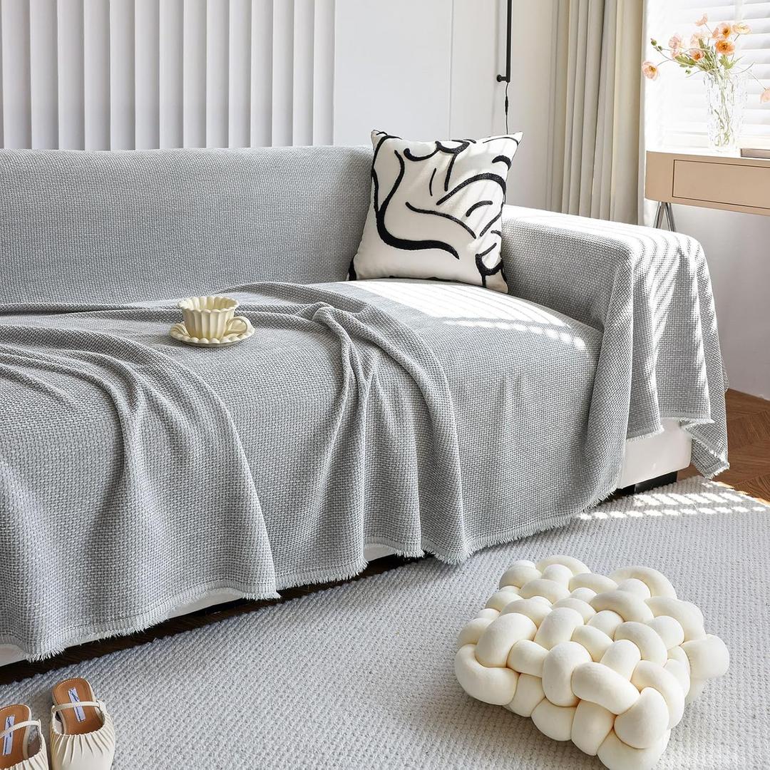 HANDONTIME Grey Modern Sofa Covers Corduroy Jacquard Couch Cover Blanket Gray Couch Cover for Kids Living Room Chenille Couch Covers for Sectional Sofa L Shape Soft Couch Covers for Sofa, 71" X134" (X-Large:71"x 134", Corduroy:Grey)