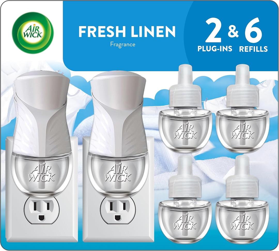 Air Wick Plug in Scented Oil Starter Kit, 2 Warmers + 6 Refills, Fresh Linen, Same Familiar Smell of Fresh Laundry, Eco Friendly, Essential Oils, Air Freshener